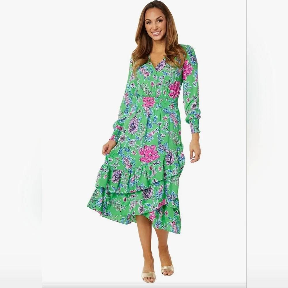 Lilly Pulitzer Cristiana Stretch Midi Dress Brewsters Blooms Gecko Green Size 0